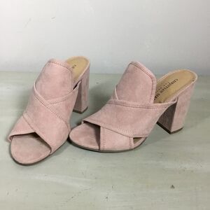 NEW Christian Siriano pink suede open toe shoe 3 3/4” chunky heel size 5 1/2”